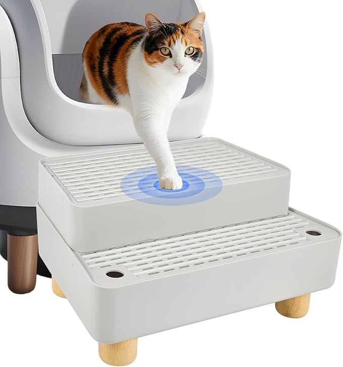 SpaceTime Elevated Cat Litter Trapping Mat for Litter Box,Detachable Cat Step/Ramp/Catcher with Wooden Base,Height-Adjustable Kitty Litter Pad for Floor & Indoor Cats,Non-Slip,Easy to Clean (Grey)