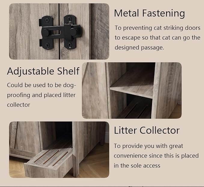 Large Cat Litter Enclosure With Litter Collector, Enclosure for self-Cleaning Litter Boxes,Adjustable Shelf for Dog Proof and Storage,charging station,Locks Added for cat,Cat House,Grey