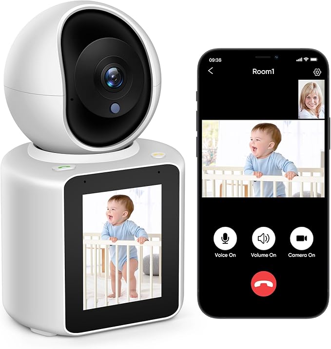 2K Two-Way Video/Audio Indoor Camera, Child/Elder/Dog/Pet Camera with Phone App& 360 Degrees Pan Tilt, Night Vision, One-Button Call, Motion Detection, Human/Sound/Crying Detection (Dome Camera)
