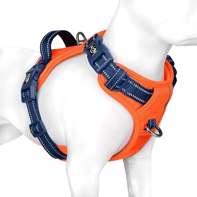 PHOEPET No Pull Dog Harness, Unique Colors Reflective Adjustable Dog Vest, with Soft Training Handle Metal Clips for Small Medium Large Dogs (Orange Base & Blue Straps,L)