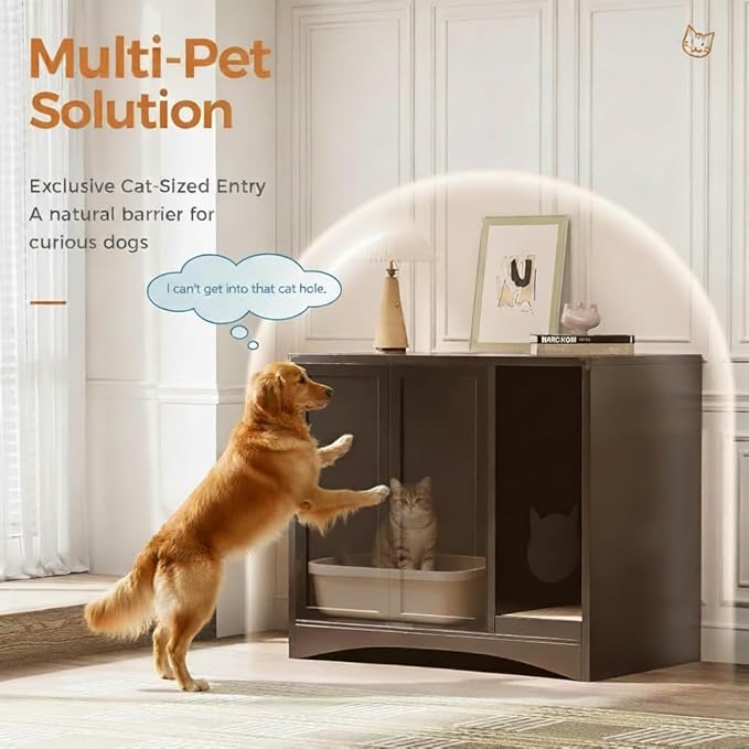 AUN Cat Litter Box Enclosure Hidden Cabinet, Easy Clean Steel Frame Pet House Furniture, Cat Washroom with Curved Entry, Dog-Proof, Black, 31.5x19.6x27.5 Inches, Indoor Use