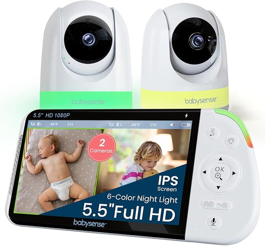 Babysense Full HD 5.5" Split Screen Baby Monitor with 2 Cameras, 6-Color Night Light, White Noise, Sound & Light Machine, 20-Hour Battery, Hack-Proof Non-WiFi Secure Connection