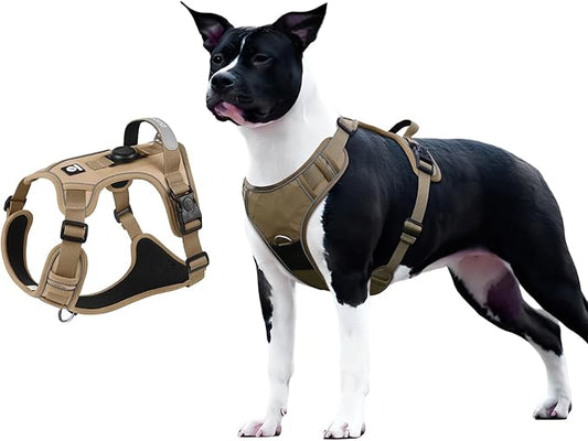 Dog Harness No Pull with Airtag Holder, Reflective Adjustable Vest with Handle for Large Dogs, Escape-Proof and No Choke, Ideal for Training, Walking & Hiking (Khaki, L)