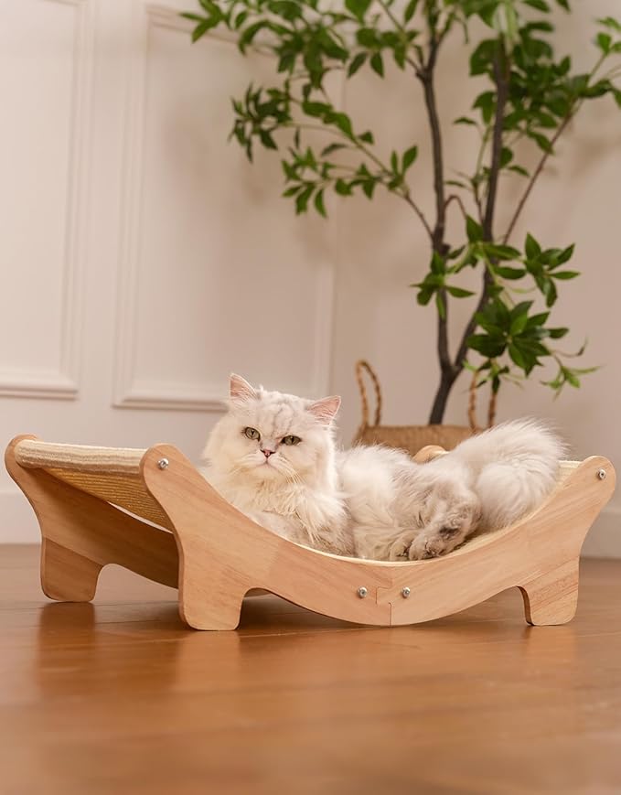 Natural Sisal Cat Scratcher Bed for Indoor Cats Scratching Post Hammock Lounge with Oak Frame, Wooden Cat Furniture for Large Cats, Modern Scratcher