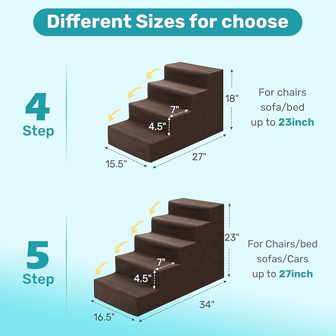 Dog Stairs for Bed, Extra Wide 4-Step Dog Steps for High Bed, High-Density Foam Pet Stairs with Non-Slip Removable Washable Cover for Small Pets, 18" H, Brown