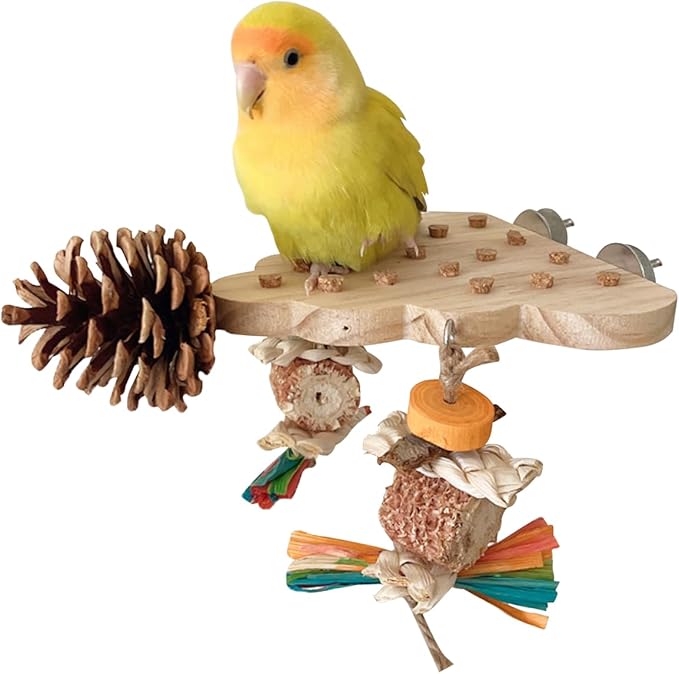 Parrot Toys, Parrot Wooden Toys Long Tailed Bird Toys with Pure Natural Corn Sticks and Pure Natural Pine Cones, Fun Bird Cage Accessories