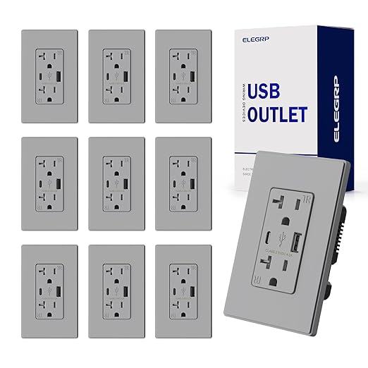 ELEGRP Charger Wall Outlet With USB A & C Ports, 20 Amp Duplex Tamper Resistant Receptacle Plug NEMA 5-20R, Wall Plate Included, UL Listed, 10 Pack, Matte Grey