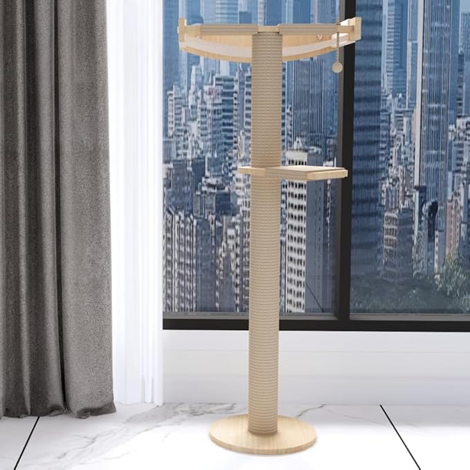 Cat Window Perch with Scratching Post Strong Supported - Large Hammock Bed for Cats Inside - Solid Wood Seat, Soft Cushion - Rustic Indoor Cat Tree Shelf for Sunbathing (Natural, Large 2)