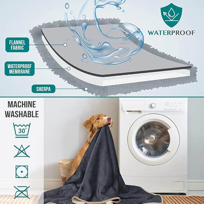PetAmi Waterproof Dog Blanket for Medium Large Dogs, Pee Proof Pet Blanket for Bed Couch, Reversible Water Proof Blanket for Puppy Indoor Cat, Soft Dog Pee Crate Cover Washable, 60x80 Gray/Beige.