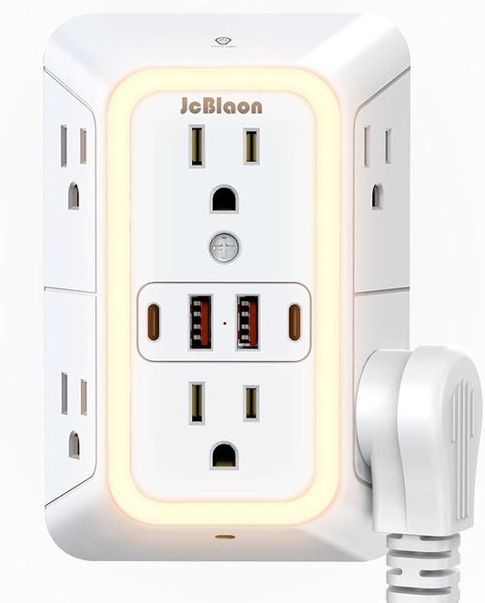 Wall Outlet Extender with Night Light, Power Plug Adapter Multi Plug Outlet Surge Protector with 4 USB Charging Ports (2 USB C), Adapter Spaced Outlets for Home Travel Office