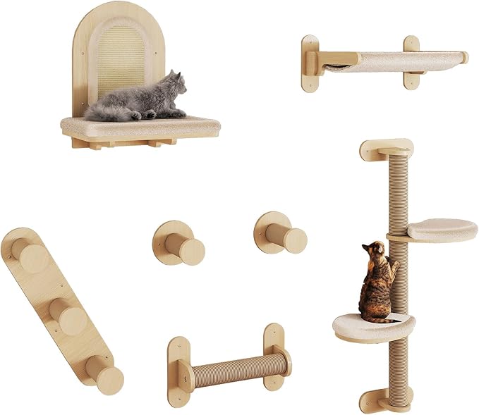 BYBYME 7Pcs Cat Wall Shelves, Solid Wood Indoor Cat Tree, Multi-Levels, Sturdy Wooden Wall Mounted Climbing Frames with Scratching Posts, Kitten Platform and Bed（Natural Wood）