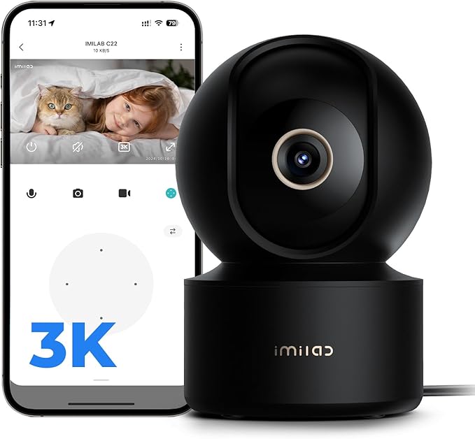 IMILAB C22 3K Security Indoor Camera - 360° View Home Camera with Color Night Vision for Baby/Pet Monitor, Plug-in 2.4Ghz WiFi 6 Inside Cam, 2-Way Audio, AI Detection, Local/Cloud Storage(Black)