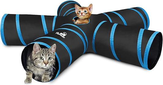 Pawaboo Cat Toys, Cat Tunnel Tube 5 Way Tunnels 25x53cm Extensible Collapsible Play Tent Interactive Toy Maze Cats House with Balls and Bells for Cats Kitten Kitty Rabbit Small Animal, Blue