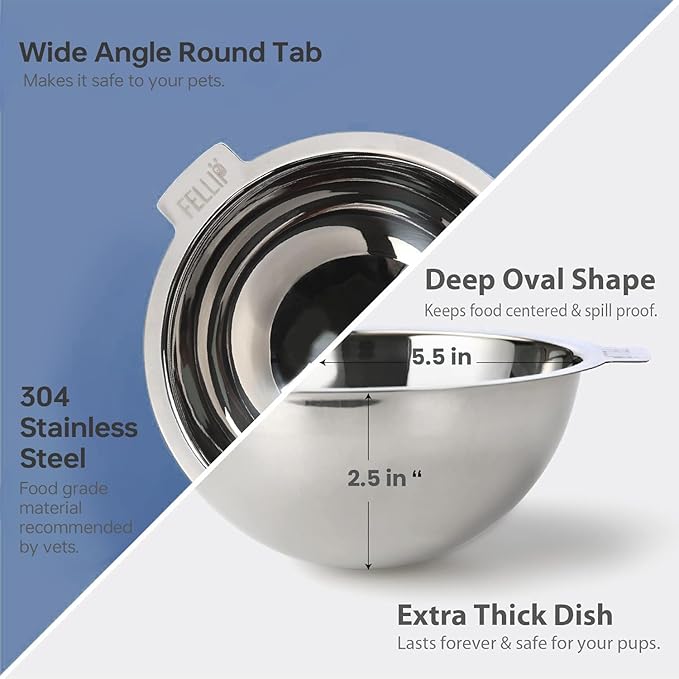 Felli Oblik Raised Dog Food Water Bowls for Small Short-Leg Dogs, Removable Stainless Steel Dish Dishwasher Safe, No Spill Tilted Metal Feeder for French Bulldog, Maine Coon Cats (1.5Cup, Shadow)