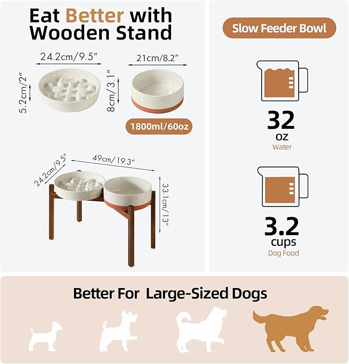 Ceramic 3.2 Cup Raised Slow Feeder Dog Bowl Set, Elevated 8.2inch Bowl and 9.5inch Slow Feeder Dish with Acacia Wood Stand for Large Dog (2 x Vanilla White+ Stand)