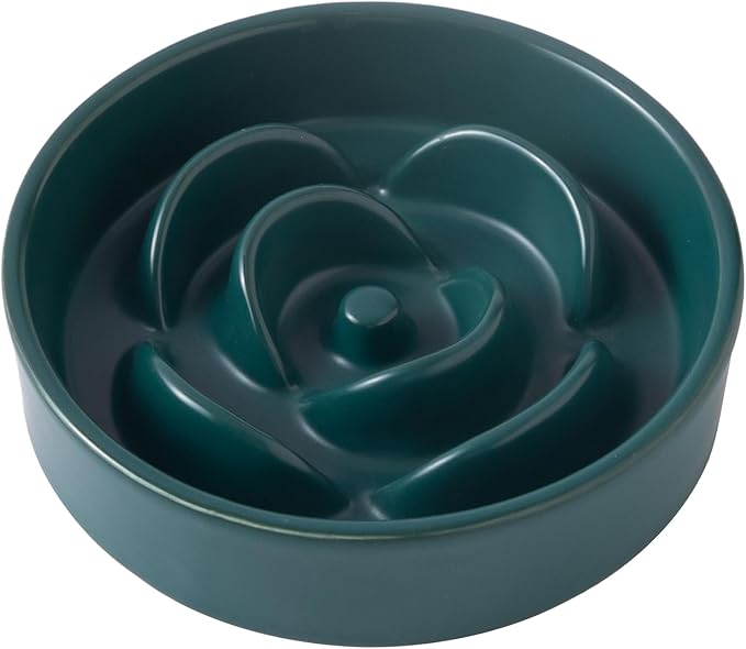 6'' Ceramic Slow Feeder Dog Bowls - Petal Shape Modern Dog Food Dish for Cats and Small Breed Dogs, Puzzle Maze Bowl to Slow Down Eating, Anti-Gulping, Dishwasher & Microwave Safe, Green