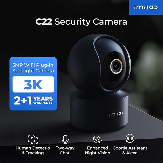 IMILAB C22 3K Security Indoor Camera - 360° View Home Camera with Color Night Vision for Baby/Pet Monitor, Plug-in 2.4Ghz WiFi 6 Inside Cam, 2-Way Audio, AI Detection, Local/Cloud Storage(Black)