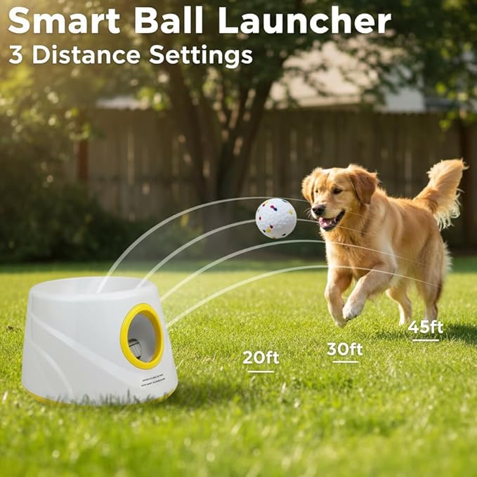 Automatic Ball Launcher for Dogs, Dog Ball Launcher with 6 ETPU 2.3” Balls, Adjustable Distance Thrower for Indoor & Outdoor Fetch Play, Interactive Pet Toy for Small & Medium Dogs