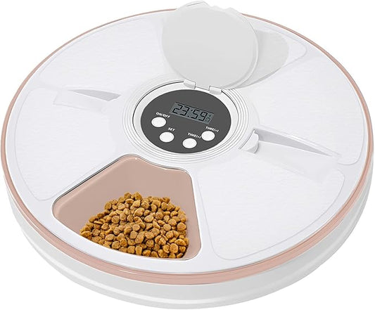 Automatic Cat Feeder for Dry Food,Supplement & Treats， 6 Compartment Timed Cat Food Dispenser for Cats and Small Dogs，No Ice Needed Automatic Dog Feeder (Pink)