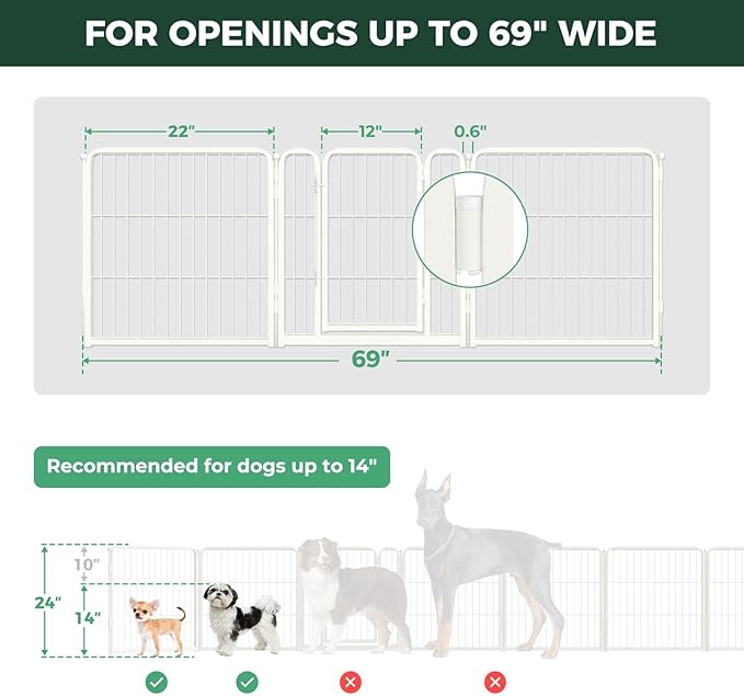 FXW Dog Gate Extra Wide Designed for Indoor Use, Adjustable Width Up to 69-inch Wide (24" H 3 Wire Panels for Puppies and Small Dogs), White