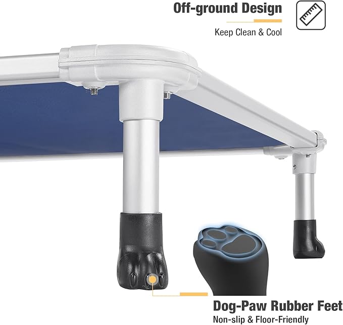 Veehoo Chew Proof Elevated Dog Bed - Cooling Raised Pet Cot - Silver Aluminum Frame and Durable Textilene Mesh Fabric, Unique Designed No-Slip Feet for Indoor or Outdoor Use, Blue, Large, CWC2003