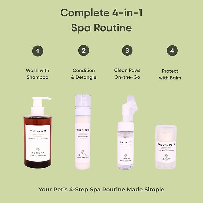 ZenSpa 4-in-1 Natural Pet Care Kit, Hypoallergenic Dog Shampoo, Leave-in Conditioner, Rinse-Free Paw Cleanser, Nose and Paw Balm, Gentle Spa Routine for Sensitive Skin