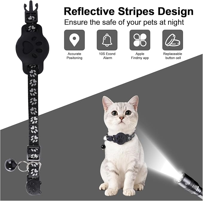 GPS Cat Collar with Bluetooth Tracker Holder - Breakaway Adjustable (7.5-12.6") for Small Cats for iOS (Findmy App) | No Monthly Fee | Waterproof Lightweight Reflective Pet Tracker