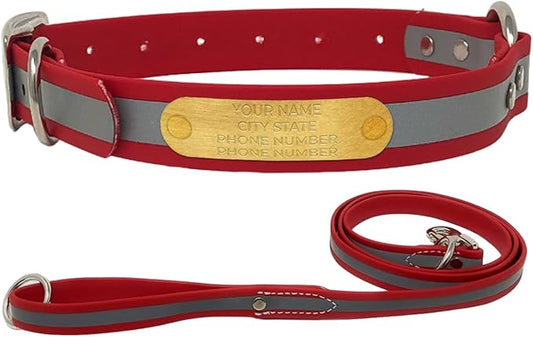 Regal Dog Products Large Red with Custom Engraved Reflective Dog Collar and Leash Set | Waterproof Dog Collar with D Ring | Center Ring & 5'ft Leash | Matching Dog Collar and Leash for Dogs