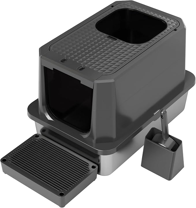 RIZZARI Enclosed Cat Litter Box: All Black Stainless Steel Odorless Cat Box - Top-Entry Design - Large Capacity Leak Proof Litter Pan for Cats - Teflon Non-Stick Coating - for Living Room Bedroom