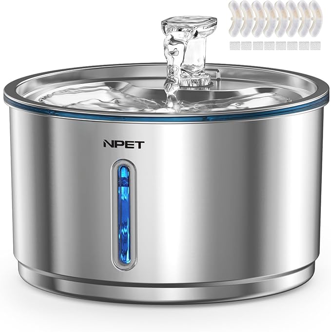 NPET Stainless Steel Cat Water Fountain, 1Gallon/135oz Automatic Pet Drinking Fountain Dog Water Dispenser with 8 Replacement Filters for Cats Indoor