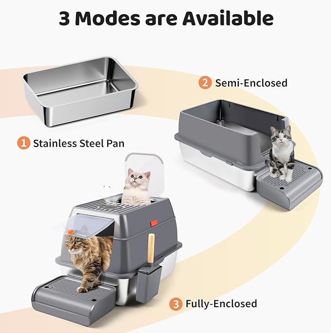 Stainless Steel Litter Box with Lid, XXL 23.6"L x 15.7"W x 15.7"H Enclosed High Sided Removable Metal Cat Litter Box with Top Entry, Scoop, Anti-Leakage, Non-Sticky, Easy Cleaning (Dark Grey)