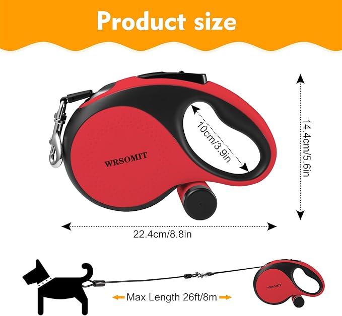 Retractable Dog Leash with Chew Proof Cable, 26Ft Heavy Duty Dog Leash for Medium Large Dogs up to 110lbs, 360° No Tangle, One-Handed Brake (Red)