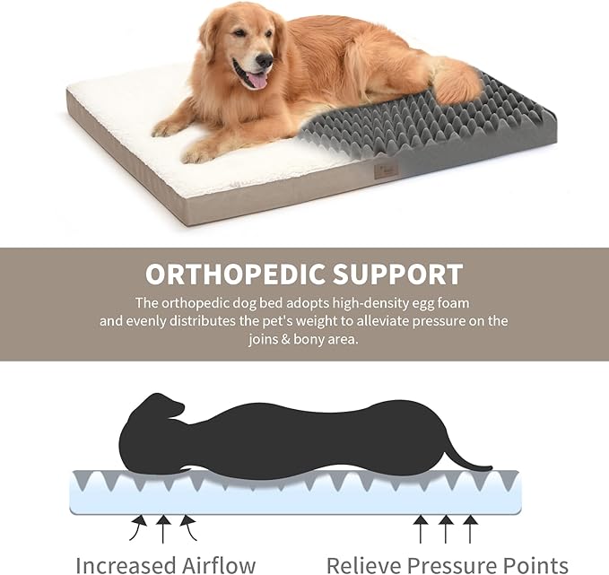Orthopedic Dog Bed for Extra Large Dogs, XL Waterproof Comfort Pet Bed for Large Sized Dog, Egg Crate Foam Pet Bed with Removable Washable Cover, Khaki White