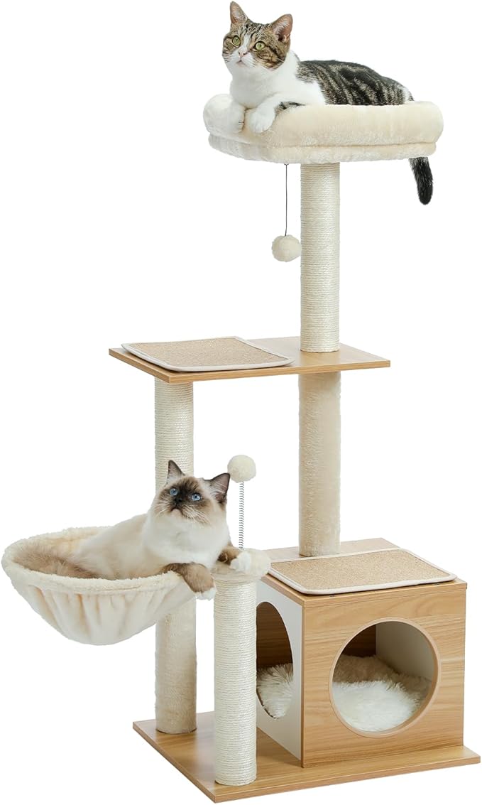 Modern Cat Tree for Indoor Cats, Small Cat Tower with Cat Condo, Scratching Posts, Top Perch and Metal Frame Hammock, Wooden Play House with Anti-Slip Mat, Beige