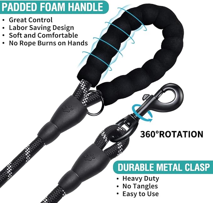 COOYOO 2 Pack Dog Leash 6 FT Heavy Duty - Comfortable Padded Handle - Reflective Dog Leash for Medium Large Dogs with Collapsible Pet Bowl Set 2-Black+Blue