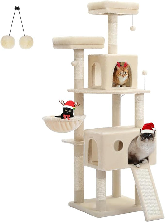 64-Inch Large Cat Tree for Indoor Cats, Multi-Level Tall Cat Tower with 2 Soft Top Perches, 2 Caves, 5 Sisal Scratching Posts, 2-in-1 Scratching Ramp, 1 Hammock & 3 Pompoms, Beige