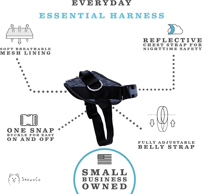 ShawnCo Essential Dog Harness, No-Pull Pet Vest with 3 Leash Clips, No Choke, Reflective, Adjustable and Padded, for Easy Walking and Training for Small, Medium and Large Dogs (Dark Camo, L)