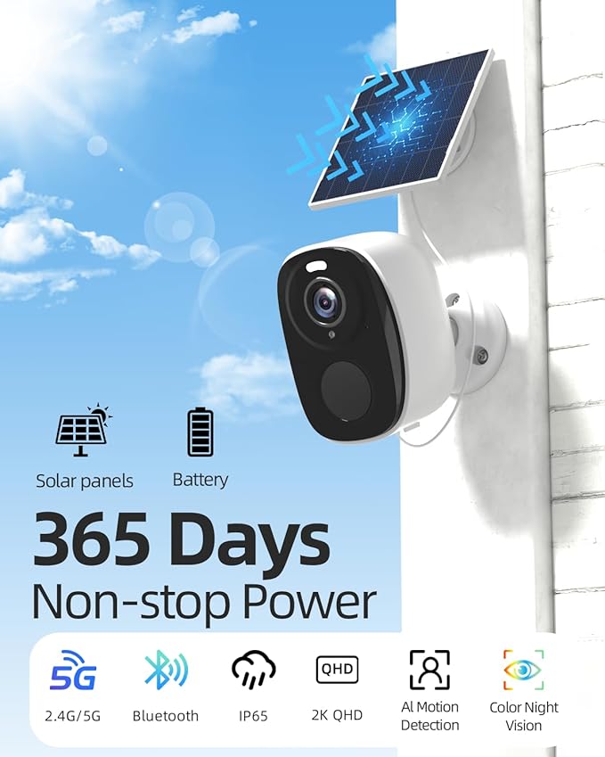 ELECCTV 2.4&5ghz WiFi Solar Security Cameras Wireless Outdoor,2K QHD Home Security System, 4 Cameras Kit with 130° Ultra-Wide View, 2-Way Talk, IP65,Color Night Vision, Spotlight & Siren (4, White)