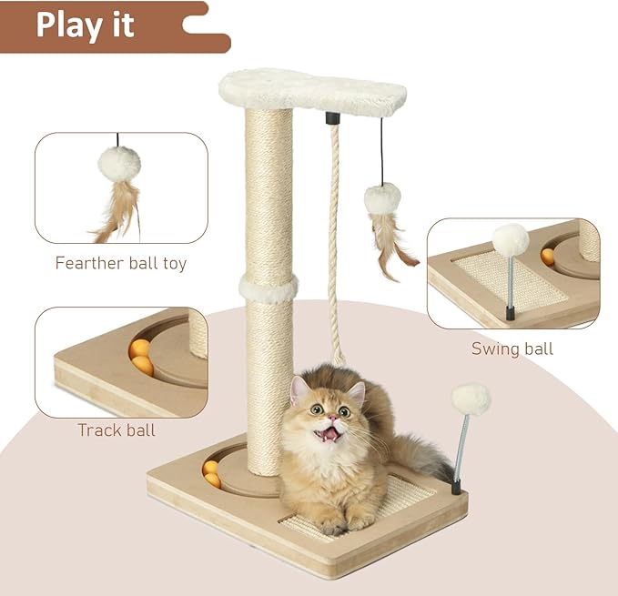 PAWSFANS Cat Scratching Post,Sisal Scratch Posts with Track Ball Feather Toy for Indoor Cats and Kittens,25" Tall Beige