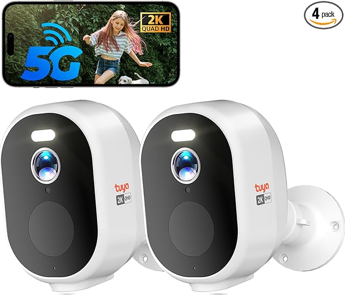 Rraycom 5G/2.4G WiFi Security Cameras Wireless Outdoor, 2K Battery Powered Indoor Home Security Camera, AI Motion Detection, Spotlight Siren,Color Night Vision,2-Way Talk, Work w/Alexa (White, 2PACK)