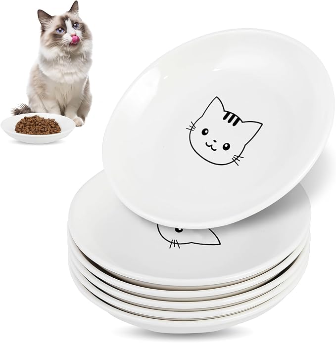 6 Pack Cat Food Bowl, Ceramic Cat Bowls, Anti Whisker Fatigue Cats Bowl Set,5.5 Inches Shallow Wide Kitten Plates for Food and Water