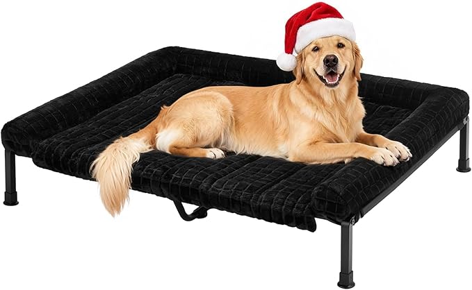 Veehoo Elevated Dog Bed Large Sized with Fluffy Plush Bolster Cushion, Washable Orthopedic Dog Couch Bed, Cooling Raised Pet Cot with Removable Mat, Breathable Mesh, No-Slip Feet, 48x 37 inches, Black