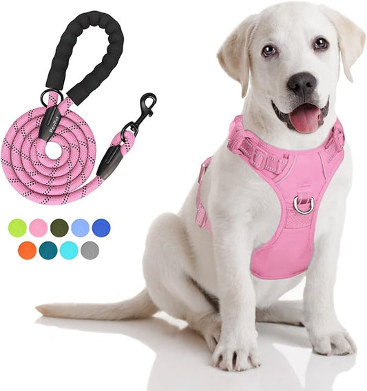 PoyPet No Pull Dog Harness and 5 Feet Leash Set, Release on Neck Reflective Adjustable Pet Vest, Front & Back 2 D-Ring and Soft Padded Pet Harness with Handle for Small to Large Dogs(Pink,S)