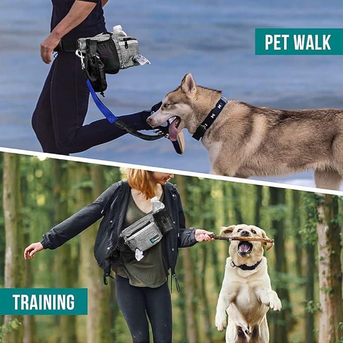 PetAmi Dog Fanny Pack, Treat Pouch for Dog Walking, Training, Built in Poop Bag Dispenser, Water Bottle Holder, Collapsible Bowl, Pet Treat Waist Belt for Hiking, Running, Kibbles (Grey)