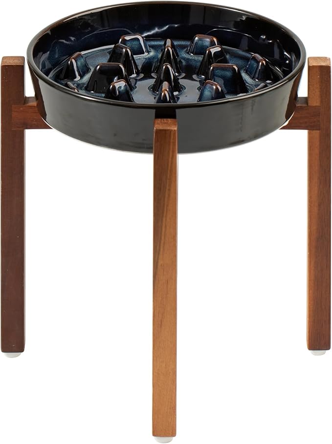 3.2 Cup Ceramic Dog Raised Slow Feeder Set, Elevated Bowl with Wooden Stand for Large Dog, 9.5inch Slow Feeder Dish for Fast Easters(Starry Sky, Single Bowl+ Stand)