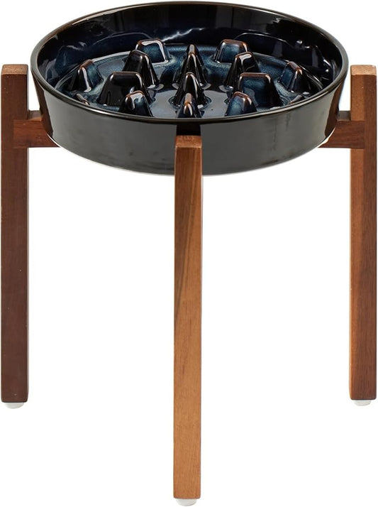 3.2 Cup Ceramic Dog Raised Slow Feeder Set, Elevated Bowl with Wooden Stand for Large Dog, 9.5inch Slow Feeder Dish for Fast Easters(Starry Sky, Single Bowl+ Stand)