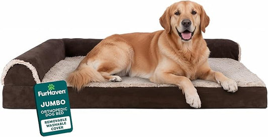 FurHaven Orthopedic Dog Bed for Large Dogs, L-Shaped Chaise Contour Mattress with Egg Crate Orthopedic Memory Foam for Joint Support, Removable Washable Cover, Jumbo/XL, Faux Fur & Suede, Espresso