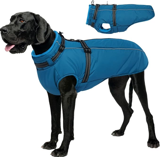 Lelepet Dog Coat for Large Dogs Waterproof Dog Jacket with Harness Built in Reflective Windproof Fleece Jacket with Zip Cold Weather Coats for Dogs,Thermal Outdoor Snowsuit, Weimaraner, Blue, XXL
