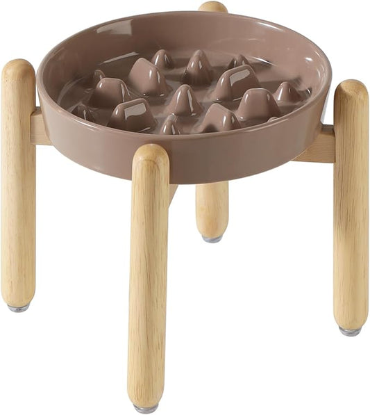 Ceramic 1.6 Cup Dog Raised Slow Feeder Set, Elevated Bowl with Wooden Stand for Medium and Large Dog, 8.2inch Slow Feeder Dish for Fast Easters, Anti-Gulping(Brown Coffee, Single Bowl+ Stand)