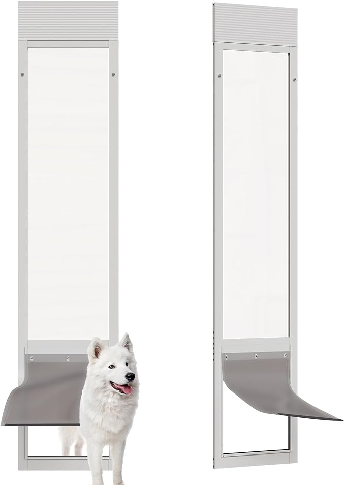 Dog Door for Sliding Glass Doors, Adjustable Height 76 1/8"-80 7/8" Aluminum Frame Tempered Sliding Door Dog Doors Insert with Lock, 10" x 15" Flap Size for Large Dogs